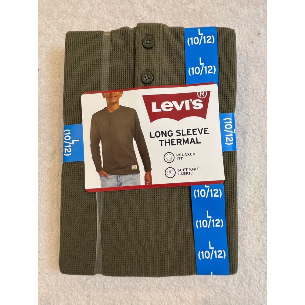 Levis Boys Long Sleeve Thermal Henley‎ Shirt Kalamata Olive Green L 10/12 NEW